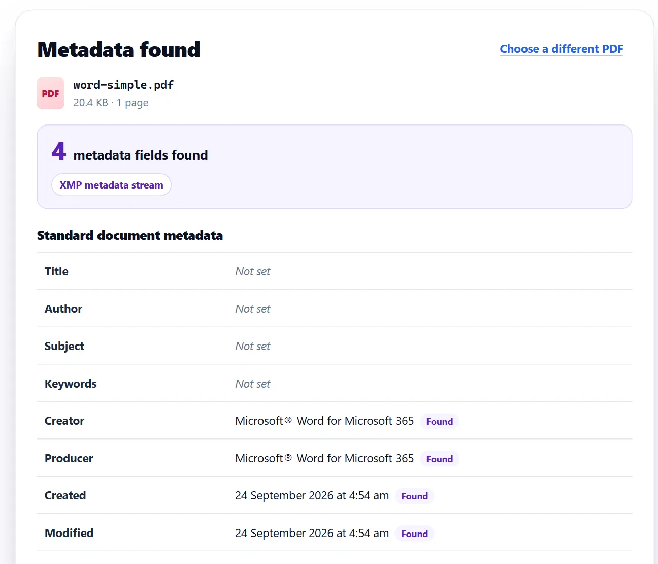 PDF Metadata Remover listing the metadata fields found in a Word PDF, such as Creator, Producer and the created and modified dates