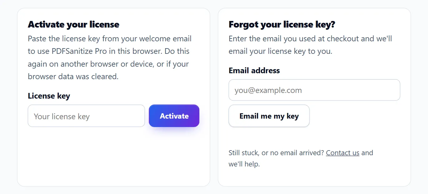 Activate your license form with a license key field, next to the Forgot your license key form with an email field