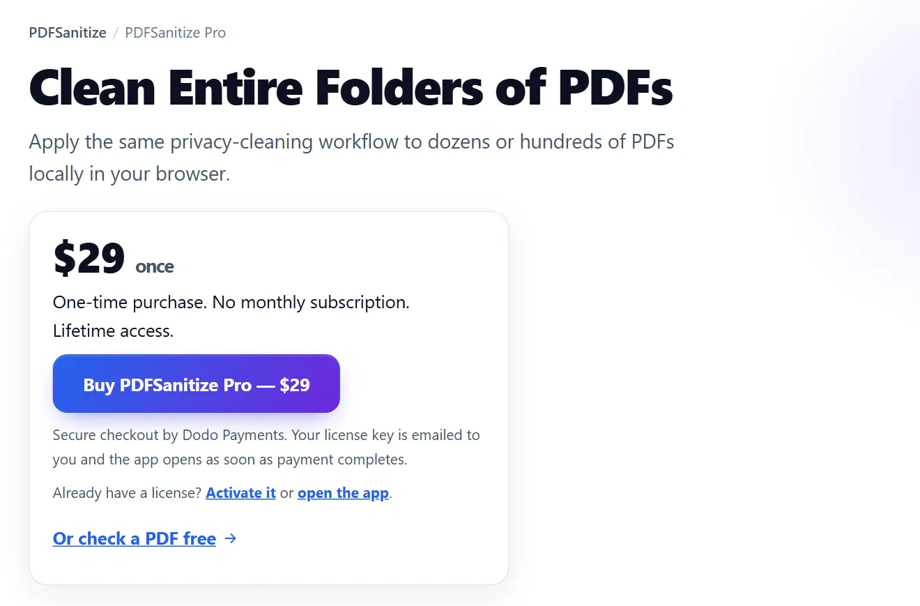PDFSanitize Pro page with the $29 one-time price and the Buy PDFSanitize Pro button