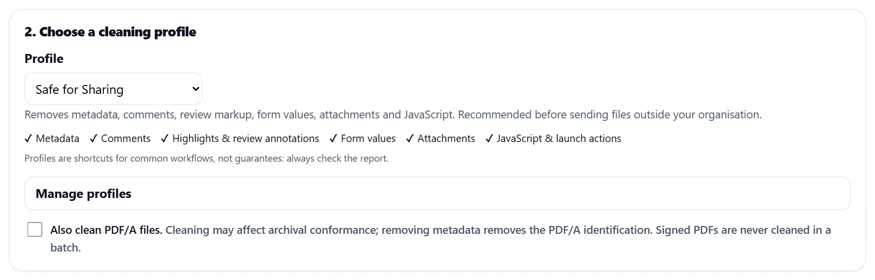 Choose a cleaning profile: Safe for Sharing selected, with ticks for metadata, comments, highlights, form values, attachments and JavaScript